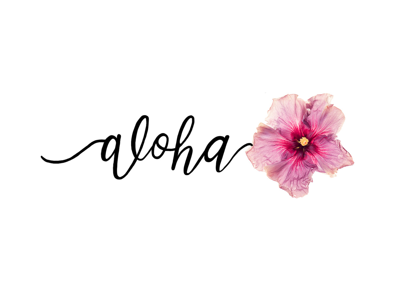 purple hibiscus flower with "Aloha" script