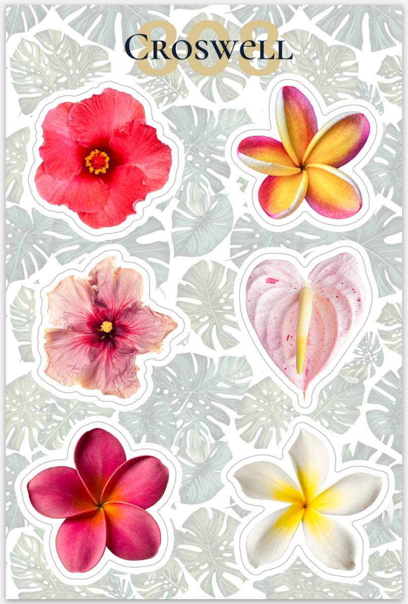 hibiscus, plumeria, and anthurium vinyl stickers on a 4x6 in sticker sheet