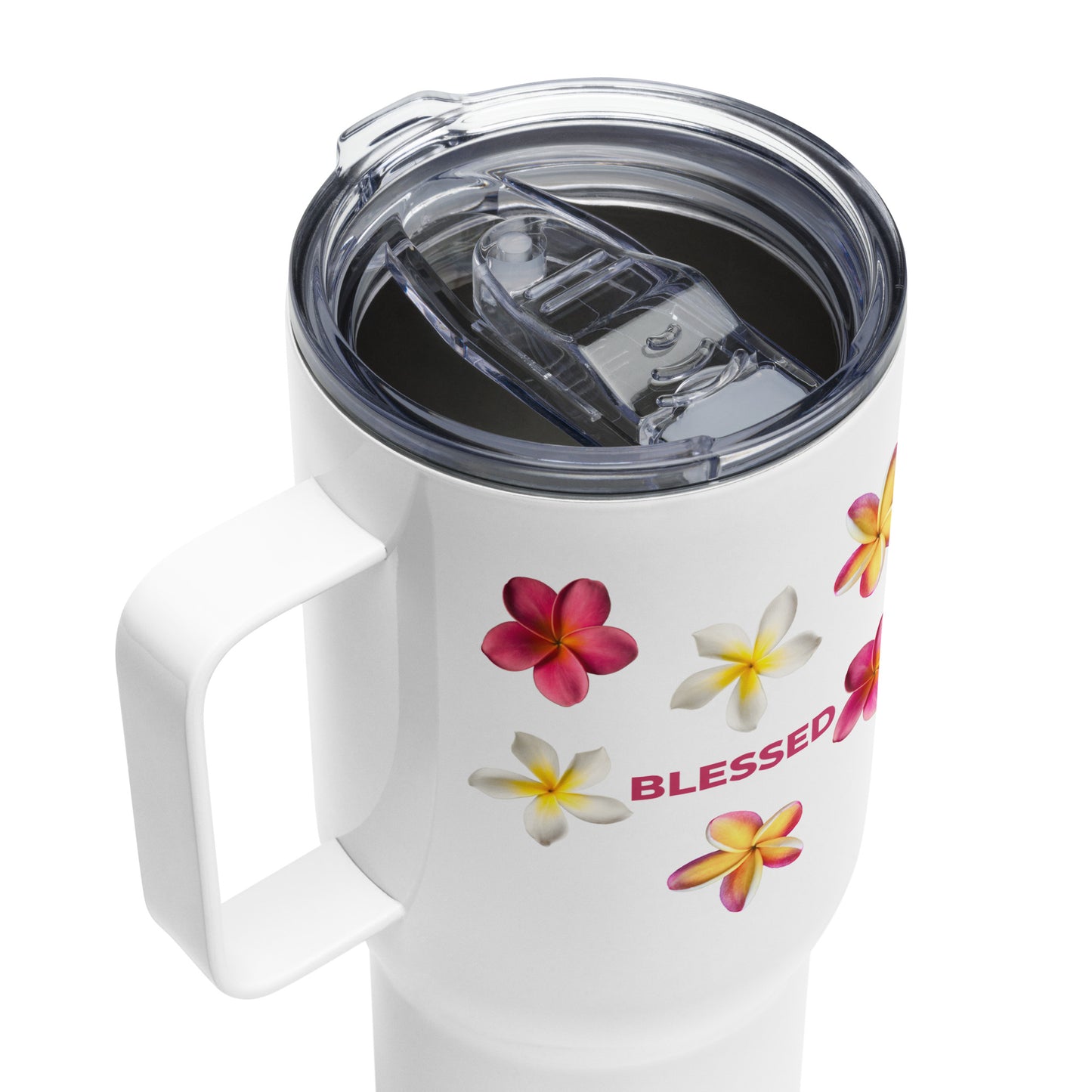 Plumeria Trio Blessed Travel mug with a handle