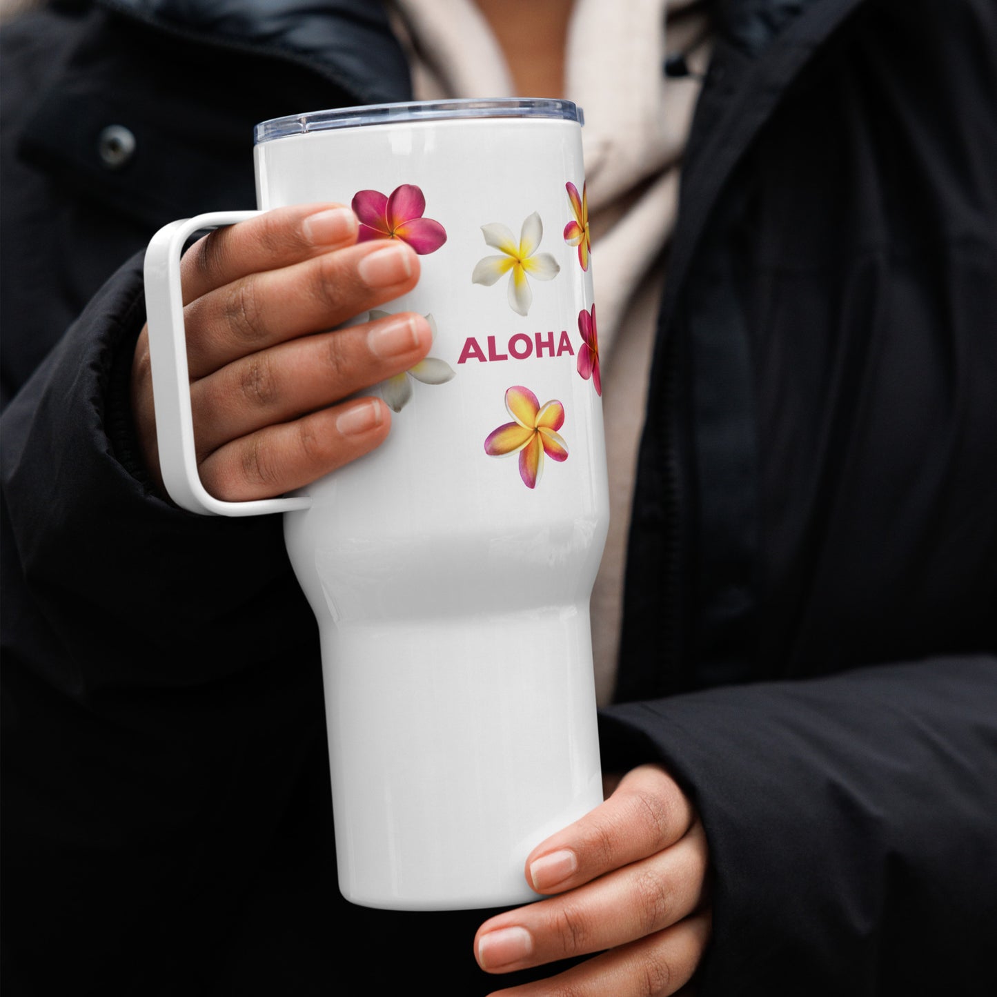 Plumeria Trio Aloha Travel mug with a handle