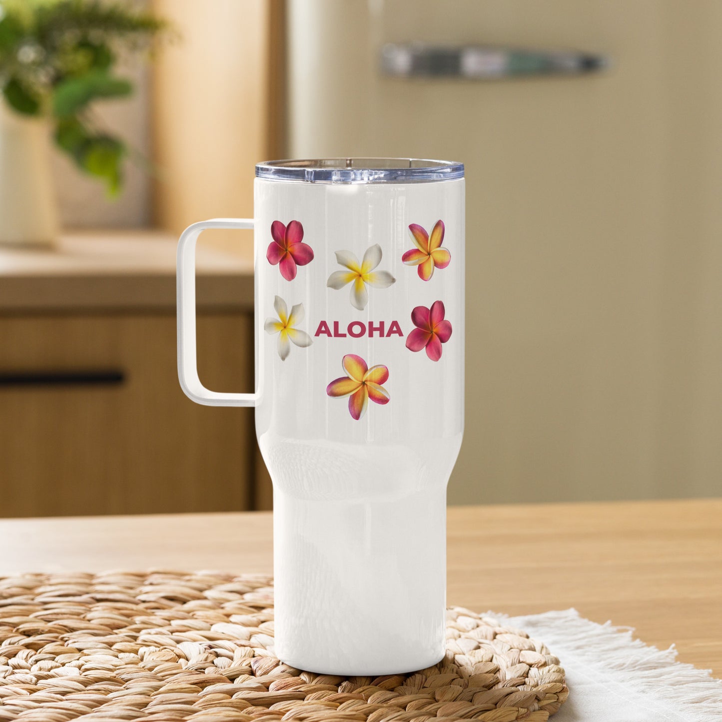 Plumeria Trio Blessed Travel mug with a handle