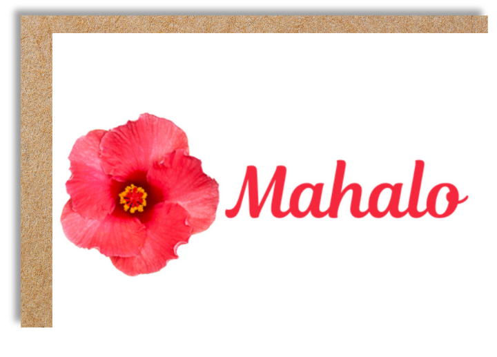 Pink hibiscus with "mahalo" in script