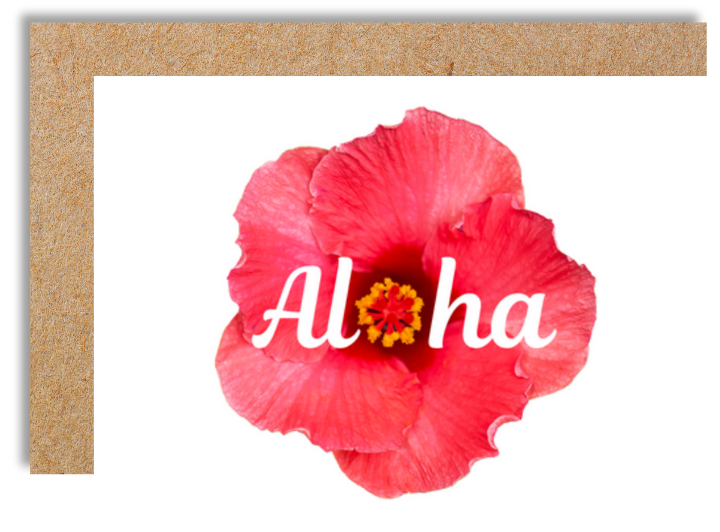 Pink hibiscus flower with "Aloha" in script using the stamen as the "o" in Aloha