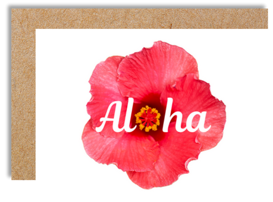 Pink hibiscus flower with "Aloha" in script using the stamen as the "o" in Aloha