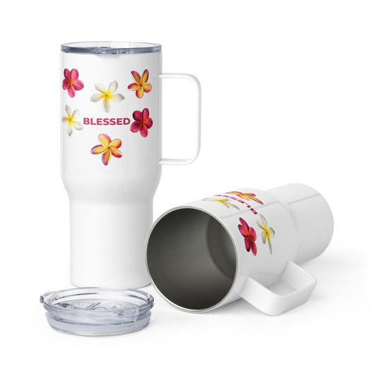 Plumeria Trio Aloha Travel mug with a handle